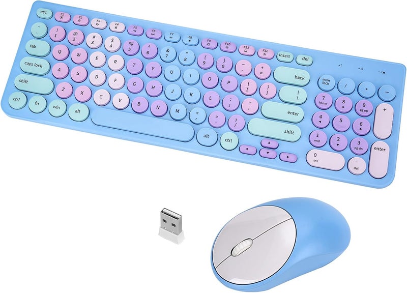 GUKJOB Wireless Keyboard and Mouse Combo, Retro Typewriter Keyboard with Round Keycaps, 2.4GHz USB Cute Wireless Keyboard Mouse for Computer, Desktop, Laptop and Computer (Rainbow Blue) - Image 1